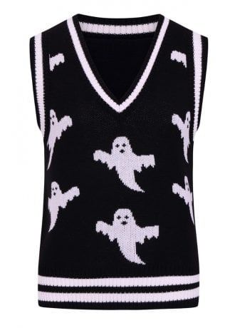 Hell Bunny Ghost Vest Top | Attitude Clothing Spooky But Cute, Black Knitted Sweater, Knitted Sweater Vest, Attitude Clothing, Patch Dress, Ballerina Shoes Flats, Spooky Ghost, Black Knit Sweater, Preppy Look