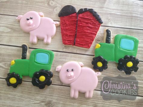 Farm Baby Shower Cookies, Farm Theme Cookies 1st Birthday, Farm Royal Icing Cookies, Farm Animal Baby Shower Cookies, Farm Theme Cookies 2nd Birthday, Farm Animal Cookies, Cookies Decorated With Royal Icing, Farm Birthday Cakes, Cow Cookies