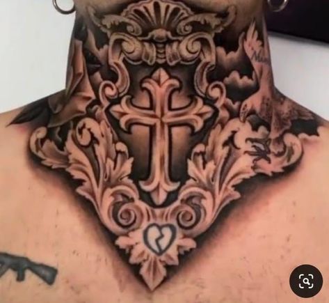 Geometric Throat Tattoo, Neck And Throat Tattoos Men, Front Neck Tattoo, Aztec Tattoos Sleeve, Chest Tattoo Drawings, Full Neck Tattoos, Back Of Arm Tattoo, Filigree Tattoo, Armor Tattoo