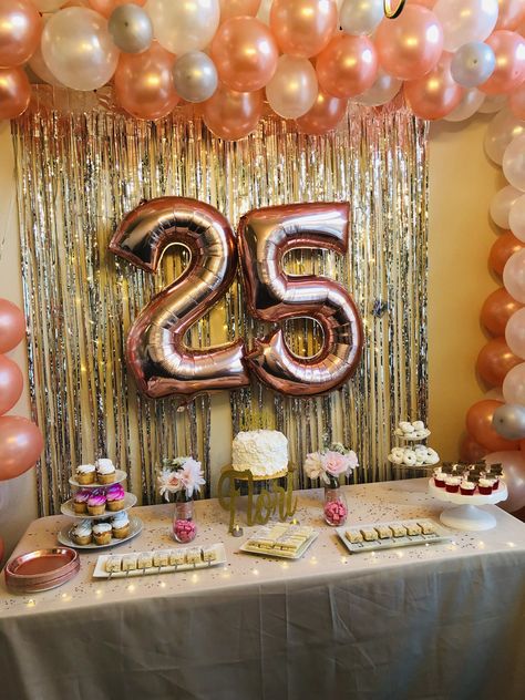 25th Birthday Themes For Her Decoration, Simple 25th Birthday Decorations, Simple Birthday Party Table Decorations, 25th Birthday Centerpieces, Diy 25th Birthday Decorations, 25th Bday Theme Party Ideas, Simple Dessert Table Ideas Birthday, 25th Birthday Party Ideas For Women, 25th Birthday Decoration Ideas