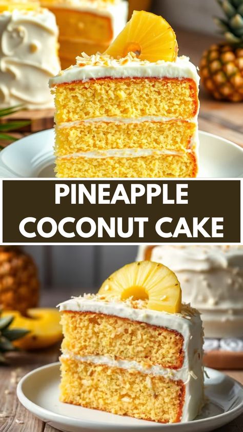 This Pineapple Coconut Cake is a tropical dream come true! Moist, fluffy, and bursting with the perfect balance of sweet pineapple and coconut, this cake is perfect for any occasion. Whether for a birthday, holiday, or just because, it's sure to impress. #PineappleCoconutCake #TropicalDessert #CoconutCake #PineappleDessert #CakeRecipes #DessertLovers #EasyBaking #SweetTreats #BakingInspiration Pineapple Coconut Cake Recipe, Quick Bakes, Pineapple Coconut Cake, Tropical Desserts, Pineapple And Coconut, Pineapple Desserts, Coconut Cake Recipe, Dairy Free Cream, Pineapple Coconut