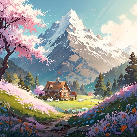 In a hidden valley, cradled by towering snow-capped mountains, stands a charming cottage surrounded by a riot of spring blossoms. The path leading to the cottage is lined with wildflowers, creating a picturesque journey for anyone lucky enough to visit. #nature #spring #cottage #mountains #cherryblossom #naturephotography #landscape #beautifulscenery #idyllic #fairytale #wallpaper Fairytale Wallpaper, Spring Cottage, Charming Cottage, Nature Spring, Spring Blossoms, Spring Valley, Hidden Valley, Snow Caps, Spring Blossom