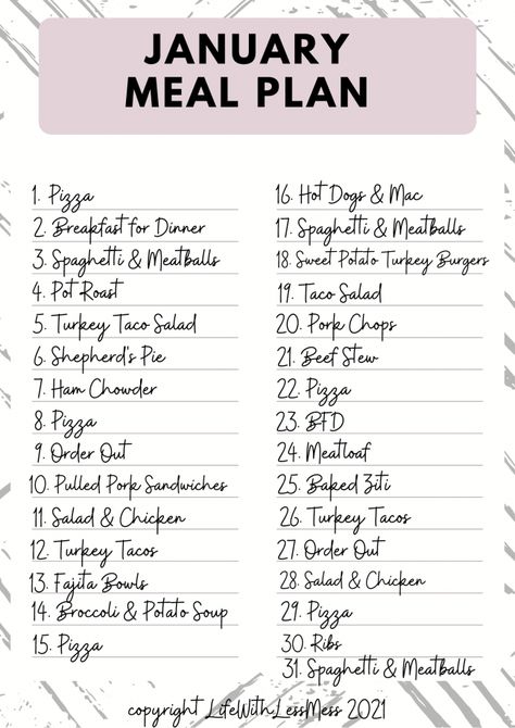 Meal Planning For Big Families, Weekly Menu Ideas Families, Family Dinner Ideas For The Week, No Beef Meals, Simple Week Meal Plan, Simple Family Meal Plan, Crockpot Weekly Meal Plan, Cheap Monthly Meal Plan Family Of 4, Easy Dinner Meal Plan For The Week