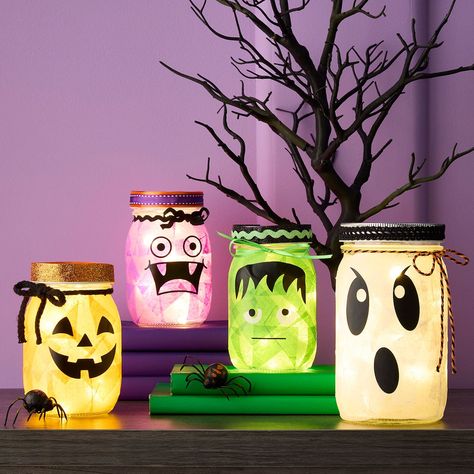 Halloween Mason Jar Lanterns Halloween Mason Jars, Mason Jar Lanterns, Jar Lanterns, Michael Store, Frame Crafts, Yoga For Kids, Craft Inspiration, Daughter Love, Mason Jar