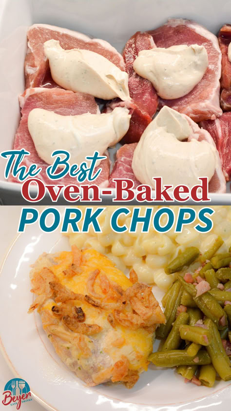 Easy and flavorful oven baked boneless pork chops topped with creamy ranch, melty Colby Jack cheese, and crispy French fried onions. Perfect for a quick weeknight dinner! Save this recipe for a comforting and delicious meal everyone will love! #PorkChops #CrispyOnions #WeeknightMeal #BakedRecipes Baked Iowa Chops, Recipes For Thick Pork Chops, Thick Pork Chop Recipes Baked, Iowa Chops Recipe Oven, Thick Pork Chop Recipes Oven, Baked Thick Pork Chops In Oven, Iowa Pork Chop Recipes, Cooking Thick Pork Chops, Iowa Chops Recipe