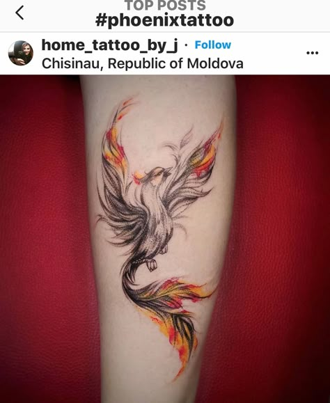 Phoenix Out Of Fire Tattoo, Music Phoenix Tattoo, Colored Pheonix Tattoo, Phoenix Fire Tattoo Feminine, 3d Phoenix Tattoo, Phoenix Forearm Tattoo Half Sleeves, Masculine Pheonix Tattoo, Phoenix Calf Tattoos For Women, Red And Blue Phoenix Tattoo