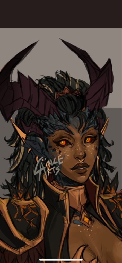 Tiefling With Wings, Hair Colors Drawing, Tiefling Horn Jewelry, Githyanki Female Art, Dragon Horns Reference, Half Dragon Oc, Hairstyles Character Design, Dnd Oc Ideas, Horned Character Design