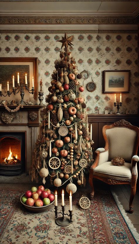 Discover 17+ Vintage Christmas Tree Decorating Ideas for a Timeless Look ✨ Nativity Theme Christmas Tree, 1920s Christmas Tree, Dickens Christmas Decorations, Colonial Christmas Tree, Dickensian Christmas, Vintage Christmas Tree Ideas, Old World Christmas Tree, A Christmas Carol Themes, Old Fashioned Christmas Tree