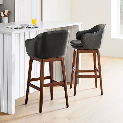 stools counter | West Elm Leather Swivel Bar Stools, Counter Stools With Backs, Bar Counter Stools, Leather Counter Stools, Bar Stools With Backs, Swivel Counter Stools, Modern Home Furniture, Beautiful Rooms, Leather Bar Stools