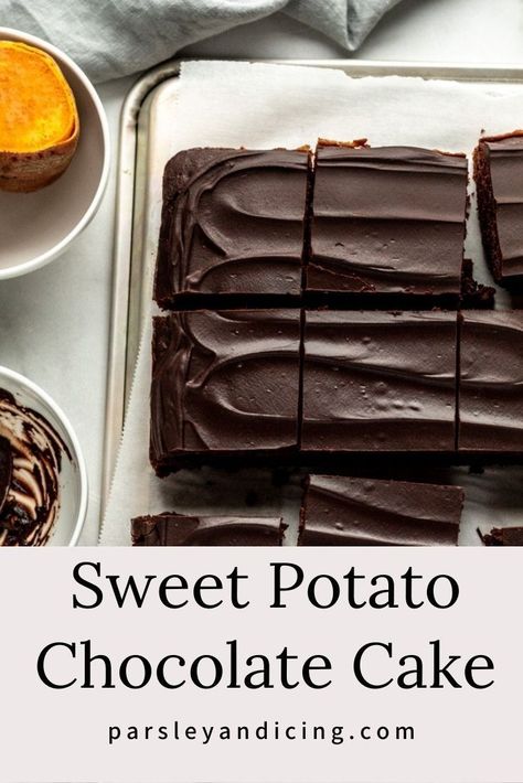 Sweet Potato Chocolate Cake, Potato Chocolate Cake, Chocolate Sweet Potato, Sweet Potato Chocolate, Slab Cake, Choc Cake, Chocolate Slabs, Sweet Potato Cake, Dark Chocolate Ganache