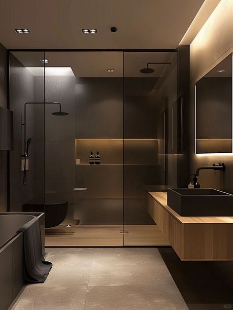 Dark Tone Bathroom, Dark Interior Bathroom, Dark Japandi Bathroom, House Interior Black, Dark Bathroom Aesthetic, Dark Modern Bathroom, Bathroom Interior Design Modern, Dark Bathrooms, Aesthetic Bathroom