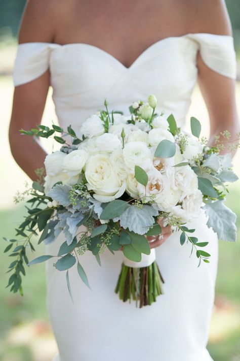 Simple White Bride Bouquet, White Garden Rose Bridal Bouquet, Waterfall Flower Bouquet, Bride Bouquets Blue And White, White Wedding Flowers With Pop Of Blue, Simple White Flowers Wedding, Elegant Bridal Bouquet Romantic, Summer Wedding Bouquets Bride, Wedding Bouquet With Peonies