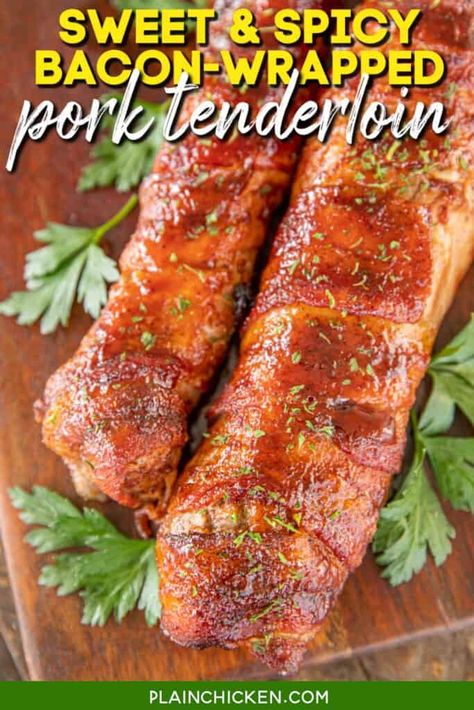 Bacon Wrapped Tenderloin, Bacon Wrapped Pork Loin, Wrapped Pork Tenderloin, Weekend Planner, Spicy Bacon, Crockpot Pork Tenderloin, Bacon Wrapped Pork Tenderloin, Au Gratin Recipes, Bacon Wrapped Pork