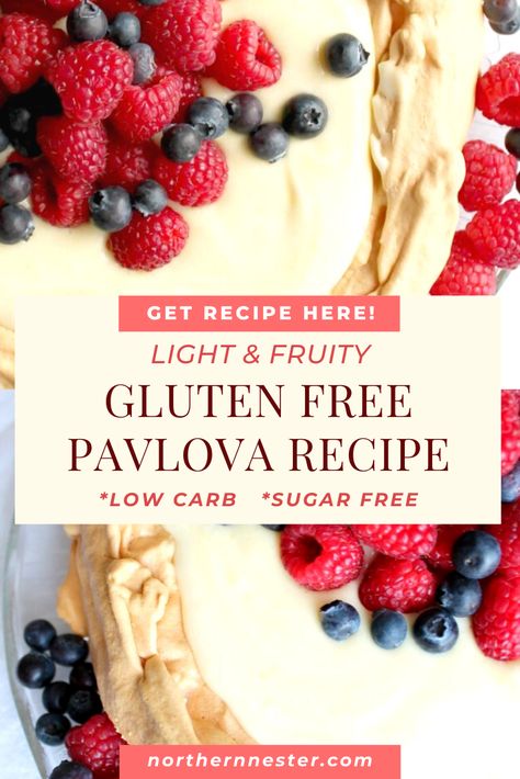 Gluten Free Pavlova, Gluten Free Pavlova Recipe, Sugar Free Pavlova, Use Up Eggs, Pavlova With Lemon Curd, Sugar Free Gluten Free Dessert, Fine Dining Food, Sugar Free Desserts Healthy, Sugar Free Desserts Easy