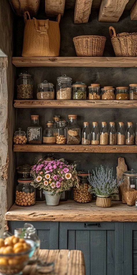 Salvage Garden Ideas, Kitchen Witch Organization, Chicken Decor Kitchen Farmhouse Style, Cottagecore Pantry, Kitchen Cabinets Without Doors, Kitchen Without Pantry, Kitchen Without Cabinets, Homestead Cottage, Salvaged Doors