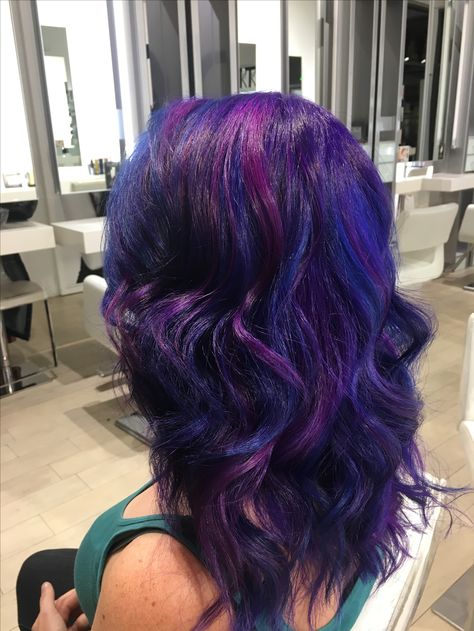 Blue And Purple Hair Highlights Brunettes, Multi Colored Purple Hair, Purple And Blue Hair Ideas, Purple Dyed Hair Ideas, Purple Hair With Black Highlights, Twilight Sparkle Hair Dye, Blue And Violet Hair, Purple And Blue Highlights, Purple And Blue Hair