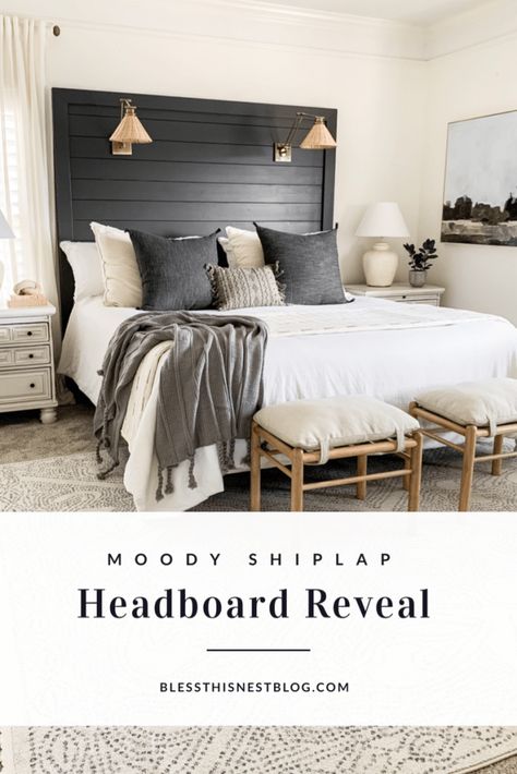 Bed Not Centered On Wall, Black And White Farmhouse Bedroom, Black Wood Headboard, White Hallways, Black And Neutral Bedroom, No Headboard Ideas, Black Headboard Bedroom, Wood Headboard Bedroom, Shiplap Headboard