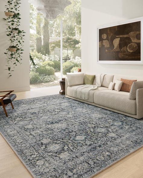 Area Rug With Gray Couch, Rugs That Go With Grey Couches, Farmhouse Area Rug Living Room, Grey Couch Living Room, Kitchen Area Rugs, Farmhouse Nursery, Farmhouse Area Rugs, Dark Floors, Living Room Rugs