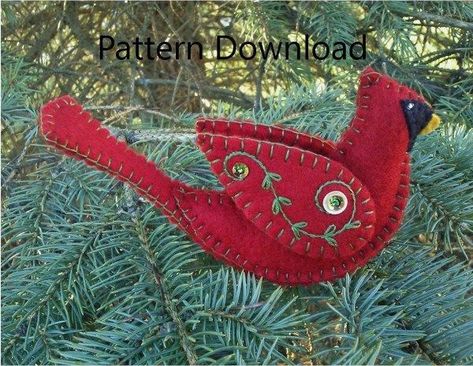 This ornament pattern is an original Patricia Welch design and is for a Christmas cardinal. I can imagine a whole tree of these beautiful birds all embroidered. You can purchase the PDF pattern via Patricia’s store on Etsy. #ornaments #diyornaments #pdfpattern #ornamentpattern #cardinal #cardinalornament #christmastreeornament #embroidery #craftgossip Felt Cardinal Ornament, Felt Cardinal, Felt Birds Ornaments, Cardinal Christmas, Baby Mobil, Cardinal Ornaments, Northern Cardinal, Felt Christmas Decorations, Felt Ornament