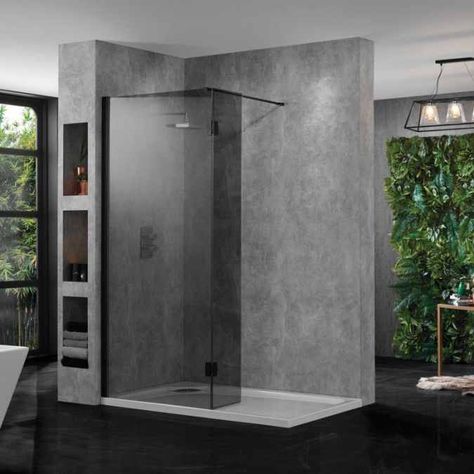 Smoked Glass Wetroom Panels | Black Glass Walk-in Shower Panels Black Profile, Glass Shower Panels, Bathroom Shower Enclosures, Walk In Shower Enclosures, Bespoke Bathroom, Shower Screen, Shower Tray, Glass Panel, Safety Glass