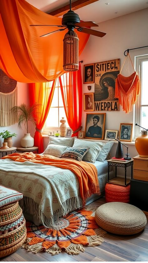 Bohemian-style bedroom with vibrant orange accents, eclectic wall art, and a cozy, sunlit atmosphere. Orange And Blue Bedroom, Orange Boho Bedroom, Orange Bedroom Aesthetic, 70s Bedroom Ideas, Dark Teal Bedroom Ideas, 70s Bedroom, Orange Drapes, Comfortable Reading Nook, Academia Bedroom