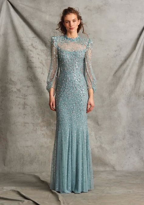 Jenny Packham PussyToes Sparkly Long Sleeve Evening Gown HK | Designer Bridal Room Jenny Packham Dresses, Long Sleeve Evening Gowns, Formal Dress Shops, Long Sleeve Gown, Embellished Gown, Beaded Gown, Jenny Packham, Solid Dress, Types Of Dresses