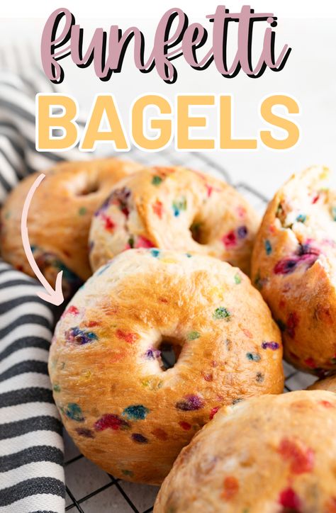 Funfetti Bagel - Cooking With Karli Funfetti Bagels, Cooking With Karli Bagels, Cream Cheese Stuffed Bagels, Unique Bagel Flavors, Bagel Flavor Ideas, Sweet Bagel Recipe, Christmas Bagels, Bagel Recipe Ideas, Homemade Bagels Easy