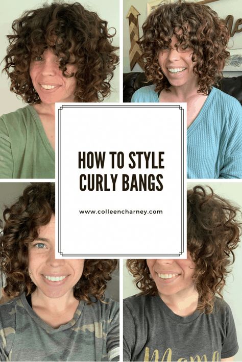 Updos For Curly Hair With Bangs, Curly Bangs Small Forehead, Styling Bangs With Curly Hair, Curly Hair And Bangs Hairstyles, How To Grow Out Curly Bangs, How To Curly Bangs, Curly Bangs Styling, Growing Out Curly Bangs, How To Style Short Curly Hair With Bangs