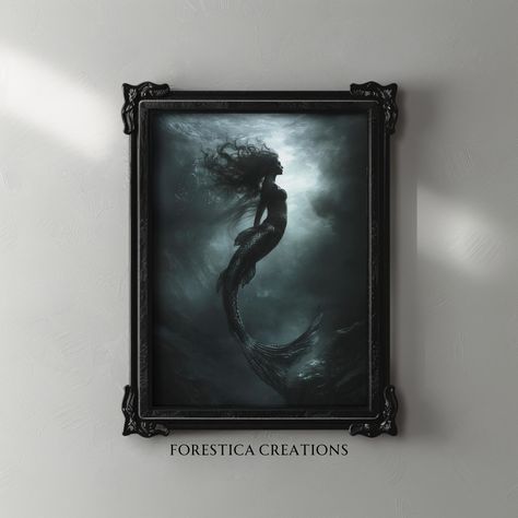 Dark Ocean Bathroom, Ocean Aesthetic Dark, Siren Art Dark, Siren Creepy, Gothic Mermaid Bathroom, Creepy Mermaid, Moody Sea, Creepy Mermaid Art, Gothic Ocean Bathroom