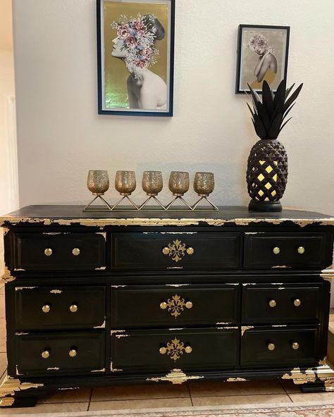 Black And Gold Leaf Furniture, Black Gold Dresser, Black And Gold Dresser Diy, Black And Gold Furniture Bedroom, Gold Leaf Furniture Ideas, Gold Dresser Diy, Gold Leaf Dresser, Black And Gold Dresser, Black And Gold Furniture