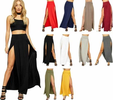 Double Split Skirt, Long Skirt Fashion, Long Maxi Skirt, Split Skirt, Maxi Jersey Dress, Long Maxi Skirts, Skirt Style, Wine Color, Body Con Skirt