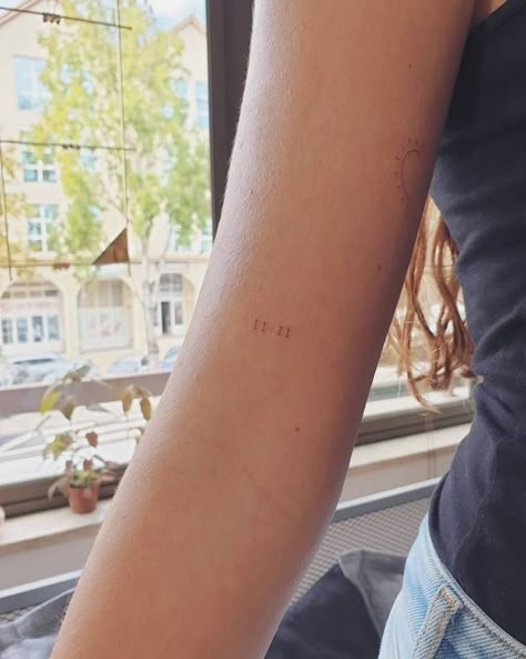 Small Tattoo On Bicep Women, Tiny Inner Arm Tattoo, Bicep Fine Line Tattoo, 11 22 Tattoo, Small Letters Tattoo, Inside Bicep Tattoo Women Simple, Tiny 11:11 Tattoo, Tiny Date Tattoos, Tattoo Inside Elbow