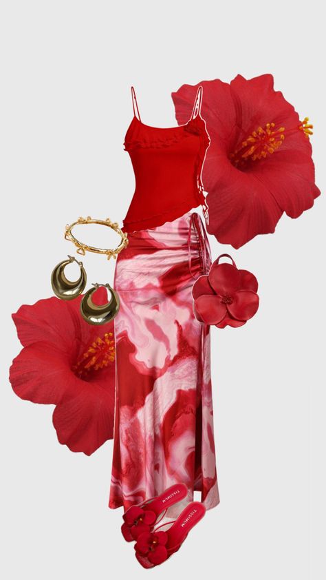 Tropical Dresses Aesthetic, Hawwain Theme Outfits, Tropical Fashion Aesthetic, Tropical Outfit Ideas Party, Tropical Theme Party Outfit, Havana Nights Outfit Women, Christmas In July Outfit Ideas, Summer Tropical Outfits, Hawian Outfits