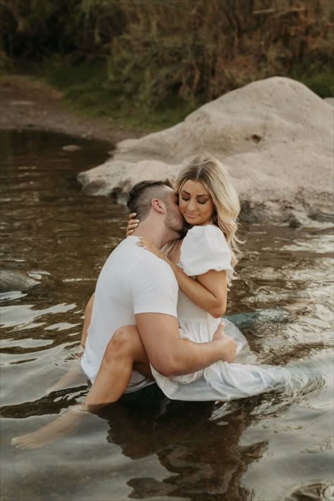 Salt River Mesa Arizona Creative Couples Session Water Lake River Romantic Lake Photoshoot, River Engagement Photoshoot, River Couple Pictures, Engagement Photos In Water Rivers, Couple In Water Photoshoot, River Family Photos, Couples Photoshoot Water, Couple River Photoshoot, Engagement Photos By Water