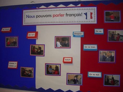 We Can Speak French display French Bulletin Boards, French Classroom Decor, Classroom Display Boards, French Display, French Speaking, French Stuff, French Flashcards, French Crafts, Speak French