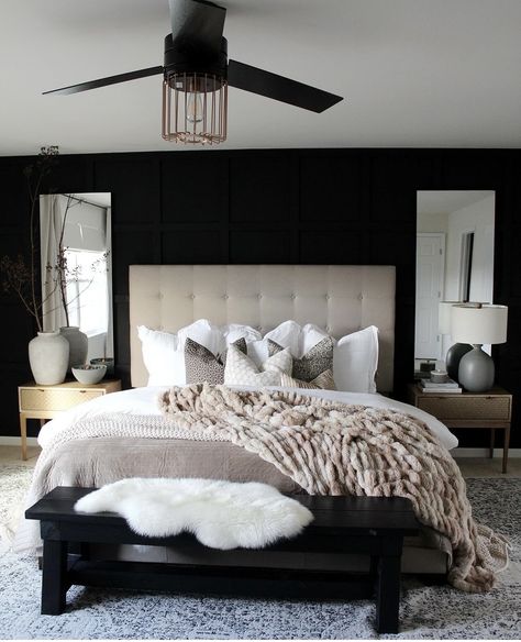 Dark Bedroom Mood Board, Moody Bedroom White Bedding, Moody Bedroom Grey Headboard, Black And Neutral Bedroom, Room Inspo Cozy, Moody Bedroom Beds & Bed Frames, Dark And Moody Bedroom Beds & Frames, Home Decor Ideas Christmas, Neutral Bedroom Ideas