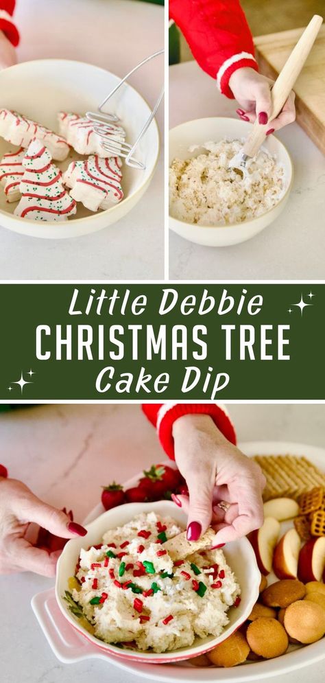 little debbie christmas tree cake dip being made then served with crackers Christmas Dessert Dip, Tree Cake Dip, Christmas Tree Cake Dip, Christmas Tree Dip, Cake Dip Recipe, Nye Desserts, Homemade Christmas Desserts, Quick Holiday Treats, Christmas Dessert Platter