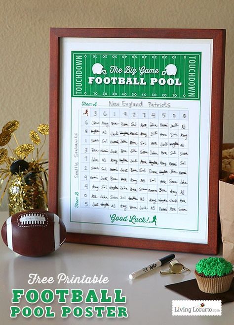 A Printable Football Squares Pool Poster makes a fun Football Party Game! This free printable poster party idea is perfect for any football game or Super Bowl party! #football #printables Football Squares Template, Football Party Games, Superbowl Party Games, Football Squares, Football Pool, Football Super Bowl, Square Pool, Superbowl Game, Football Theme Party