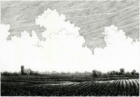 Plains Landscape, Landscape Clouds, Conceptual Drawing, Corn Field, Field Landscape, Black And White Art Drawing, Landscape Sketch, Drawing Drawing, Cloud Drawing