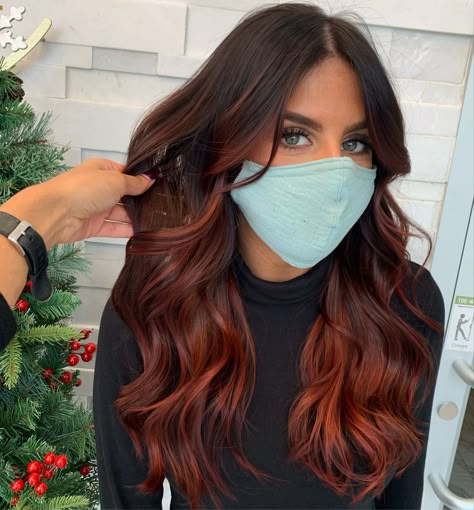 Red balayage, red hair color Red Autumn Hair Color, From Dark Brown To Red Hair, Brown And Cinnamon Hair Color, Red For Dark Hair, Red Hair Color With Brown Hair, Light Red Balayage Hair Brunettes, Subtle Red Balayage Brunettes, Ruby Balayage Hair, Red Brown Fall Hair