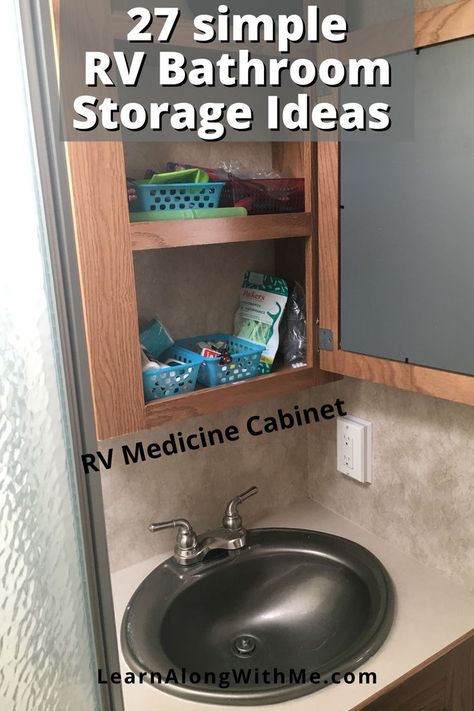 These simple RV bathroom storage ideas will help keep your camper bathroom tidy and organized. 

If you have a medicine cabinet in your RV you can use dollar-store baskets to help organize your small bathroom items like toothpaste, floss, bandages, etc...
You can designate a basket to each family member. 
This Rv medicine cabinet storage idea is just one of the 27 camper bathroom storage ideas featured in this article. 
Click to check it out if you want some inspiration.
#rvbathroomstroage Rv Under Bathroom Sink Storage, Rv Bathroom Ideas Small Spaces, Camper Cabinet Storage Ideas, Bathroom Rv Storage Ideas, Rv Bathroom Sink Ideas, Camper Vanity Ideas, Travel Trailer Bathroom Storage, Small Rv Interior Design, Camper Bathroom Organization Ideas