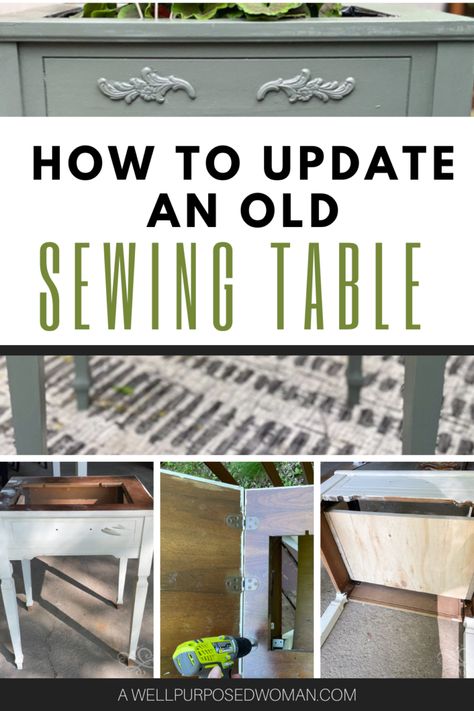 How to Update an Old Sewing Table into a Planter - A Well Purposed Woman Vintage Sewing Table Makeover, Repurpose Antique Sewing Machine, Upcycled Sewing Machine Table, Old Sewing Machine Table Repurposed, Old Sewing Machine Table Ideas, Sewing Machine Table Repurposed, Diy For Renters, Dining Chair Diy, Repurposed Furniture For Kitchen