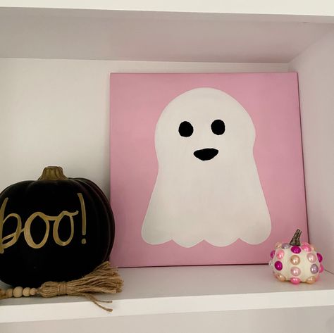 Halloween Canvas Art, Embroidered Halloween, Pink Canvas Art, Ghost Art, Pink Ghost, White Ghost, Halloween Charms, Halloween Painting, Canvas Decor