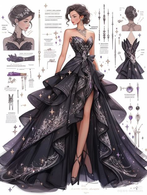 Desi Fantasy Art, Fancy Clothes Drawing, Fantasy Gowns Princesses Fairytale, Prom Dress Drawing, Drawn Dresses, Fantasy Formal, Casual Fantasy Clothing, Royalty Outfits, Fantasy Dress Design