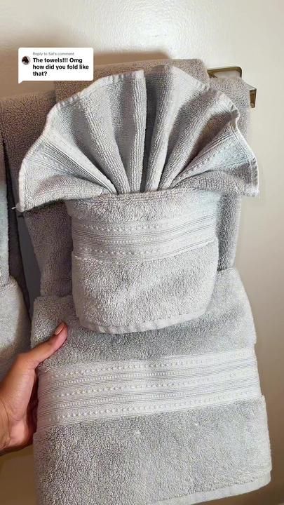 Replying to @Sal How to fold towel set 🤍 #foldingtowels #foldingtutor... | Decorative Towel Fold For Bathroom | TikTok Folding Towels For Display Bathroom, How To Fold Decorative Bathroom Towels, Fold Towels Like Hotel, Best Way To Fold Towels, Folding Towels Fancy, Bathroom Tiktok, How To Fold Hand Towels, Folding Bathroom Towels, Decorative Towel Folding