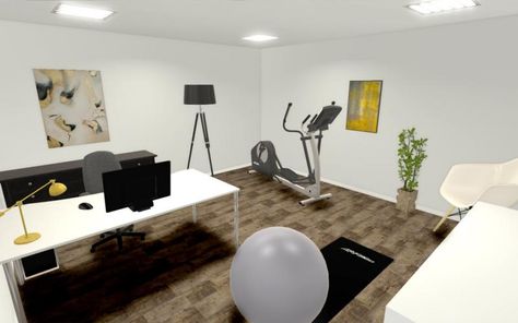 Home Office Plus Gym, Office Gym Layout, Office And Fitness Room Combo, Home Office With Workout Space, Study Gym Room Home Office, Office And Gym Room Combo, Office Workout Room Combo Small Spaces, Home Office With Treadmill, Office And Home Gym Combo