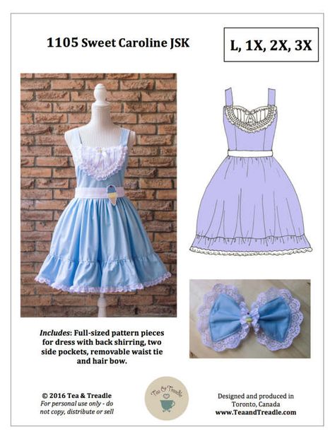 PDF L-3X Plus Lolita Sewing Pattern: 1105 Sweet Caroline JSK Kawaii Dress Pattern, Jsk Sewing Pattern, Kawaii Sewing Pattern, Kawaiicore Fashion, Halloween Diy Outfit, Cosplay Patterns, Japanese Fashion Trends, Harajuku Dress, Lolita Outfit