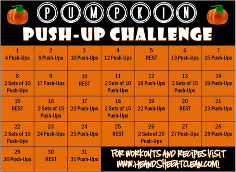 Pumpkin Push-Up Fitness Challenge #fitness #workout #heandsheeatclean #pushup #challenge Fall Fitness Challenge, 12 Week Workout Plan, Work Wellness, 12 Week Workout, Wall Push Ups, Fall Fitness, Clean Eating Lifestyle, Workouts Motivation, 30 Day Challenges