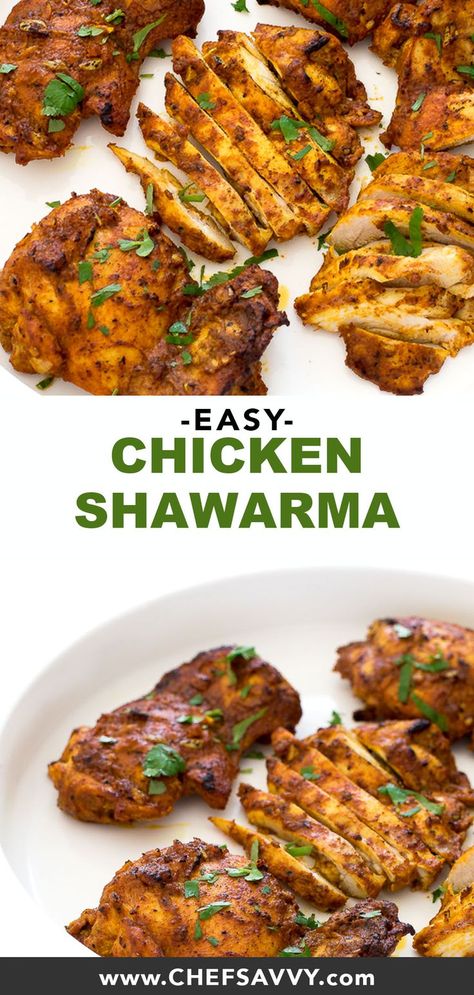 Super Easy Chicken Shawarma. This Mediterranean chicken dish is loaded with tons of spices and baked until golden brown! All you need is a couple minutes of prep time and this healthy protein rich family meal is ready in just 30 minutes! | chefsavvy.com #chicken #shawarma #protein #healthy #dinner #recipe New Healthy Dinner Ideas, Main Protein Dish, Afgan Recipes, Mediterranean Dishes Dinners, Healthy Mediterranean Recipes Dinners, Mediterranean Protein, Meditterean Recipes, Protein Dishes, Mediterranean Chicken Recipes