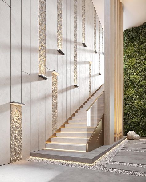 Staircase Wall Design Modern, Lobby Wall Design, Stair Wall Design, Staircase Glass Design, Stairs Wall Design, Staircase Wall Design, Entrance Lobby Design, Luxury Stairs, Staircase Interior Design